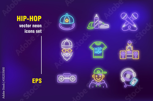 Hip hop neon signs set. Clothes, microphone battle, performer, party, rap culture. Night bright advertising. Vector illustration in neon style for invitation card, banners, signboards, flyers