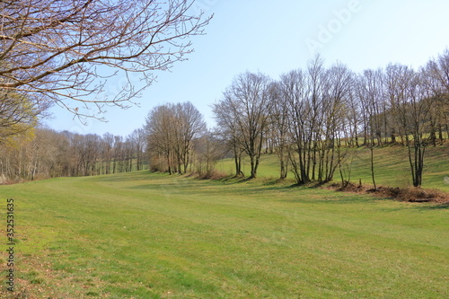 sunny idyllic rural landscape with fields and meadows in Germany