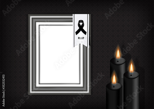 Mock up Mourning symbol with Black Respect ribbon ,Frame and Candle on Texture background Banner. Rest in Peace Funeral card Vector Illustration.