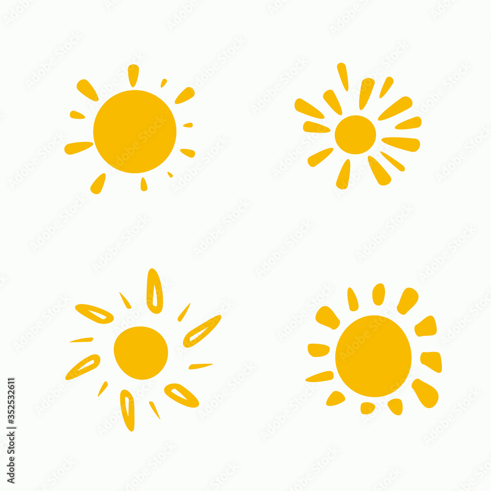 Fototapeta premium Set of painted yellow suns. Vector solar symbols set.