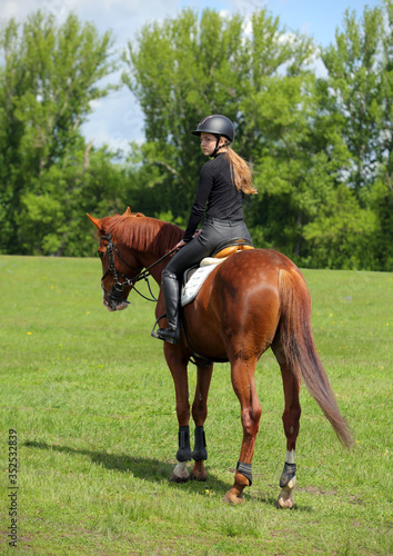 Equestrian model girl riding sportive dressage horse in summer fields