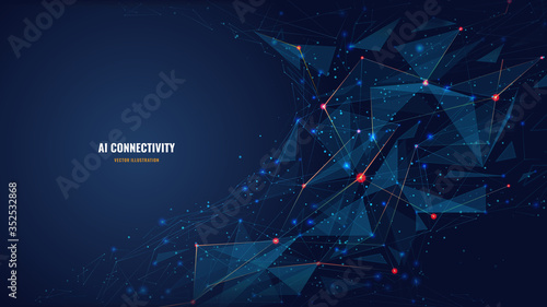 Abstract polygonal background from lines, dots and glowing particles with plexus effect. Artificial intelligence connectivity or technology concept. Digital vector mesh illustration in dark blue 