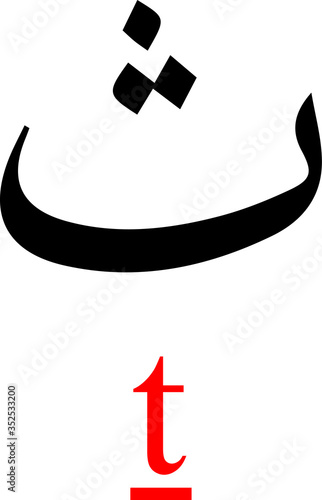 Black Arabic Alphabet Letter THA with Red Latin Alphabet Transliteration on White Background