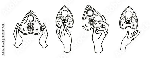 The bohemian hand is drawn by ouija, which consists of the image of the eyes of Providence. Magic, Esoteric Philosophy, tattoo art. Isolated vector illustration.