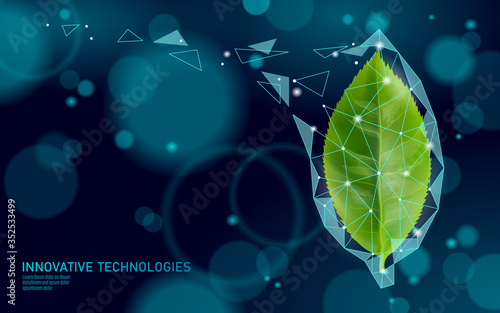 Green tea essential organic extract. Cosmetics skin care supplement. Health medicine vitamin poster template. Innovative technology green 3D realistic leaf glowing brand package vector illustration