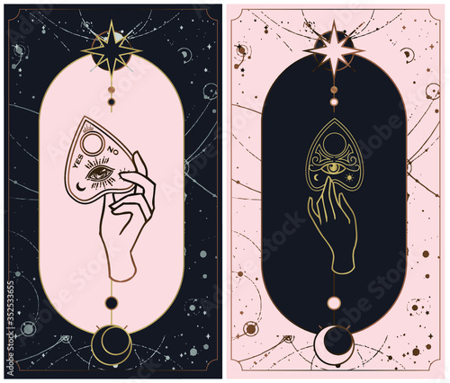 Tarot cards Bohemian hand Planchette Ouija, which consists of the image of the eyes of Providence. Magic, esoteric philosophy, tattoo. Isolated vector illustration.