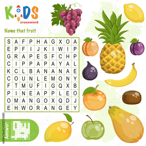 Easy word search crossword puzzle "Name that fruit", for children in elementary and middle school. Fun way to practice language comprehension and expand vocabulary. Includes answers.