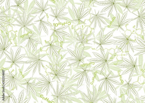 Cannabis leaves and cbd, cannabidiol formula seamless pattern, background. Vector illustration in green colors. Isolated on white background.