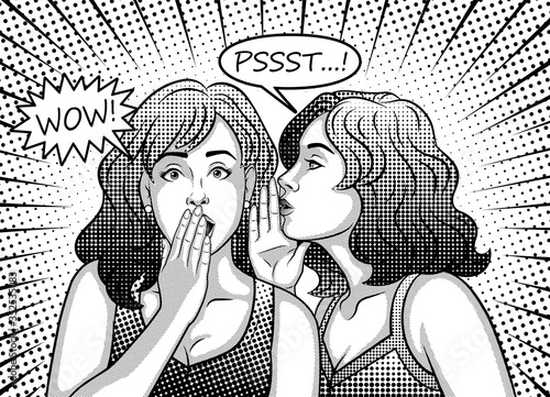Girl friend whispers in her ear secrets, rumors, word of mouth. Black white illustration in the style of pop art, retro, comic.