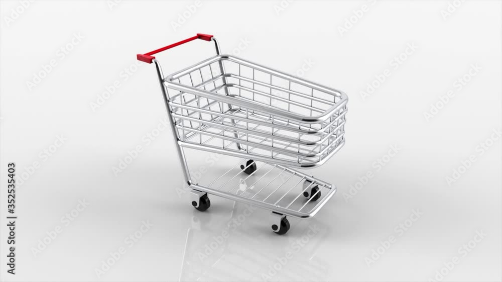 Appears realistic animated shopping cart at white mirror background. 4K animation with alpha channel. Appears realistic animated shopping cart at white mirror background. 4K animation with alpha channel.
