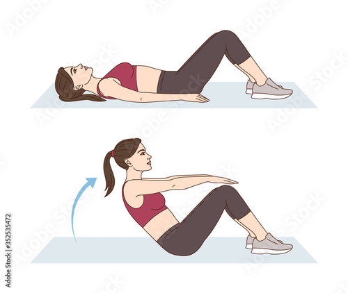 A woman is doing sports exercises. Sit-ups. Workout for the abs. Fitness for weight loss.