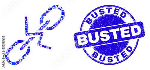 Geometric break chain mosaic pictogram and Busted seal stamp. Blue vector rounded grunge stamp with Busted message. Abstract mosaic of break chain done of circle, triangles, square geometric spots.