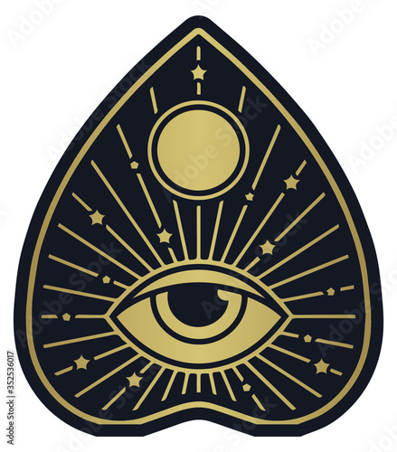 Ouija planchette with eye of providence line art, vector illustration isolated on white. Sketch style hand drawn. Element for halloween or pagan witchcraft theme.