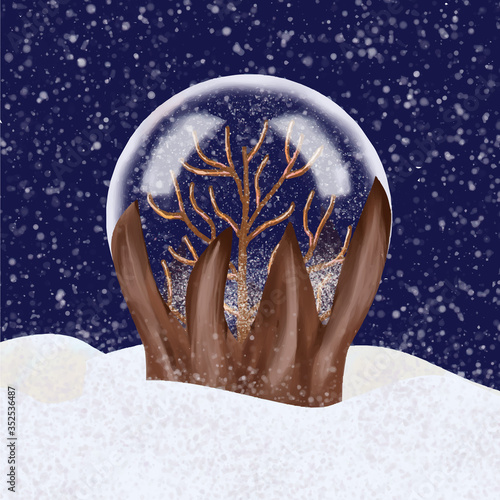 Snow globe with tree inside. Stock vector illustration