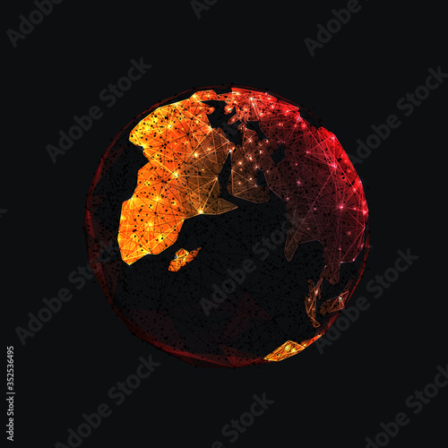 Digital low poly Earth isolated in black background. Orange continents look like fire. Planet covered by virus COVID-19. Pandemic or epidemic concept. Abstract vector illustration with lines and dots