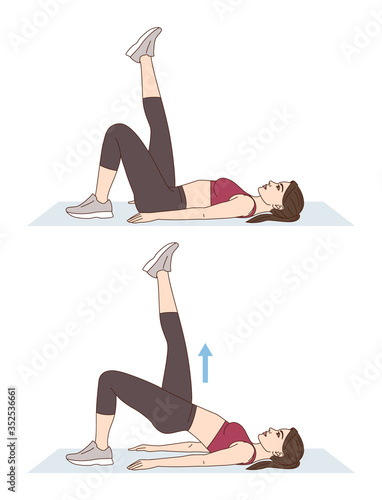 A woman is doing sports exercises. Raised leg bridges. Workout for the buttocks. Fitness for weight loss.