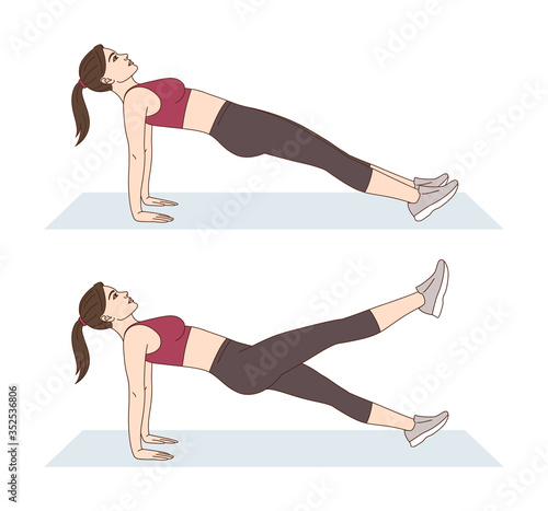 A woman is doing sports exercises. Reverse plank with leg raises. Workout for the abs and buttocks. Fitness for weight loss.