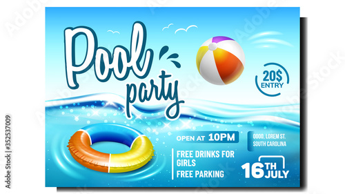 Pool Party Creative Promo Brochure Banner Vector. Wavy Water Swimming Pool, Inflatable Donut And Playing Ball For Funny Leisure Time Promotional Poster. Colorful Concept Layout Illustration