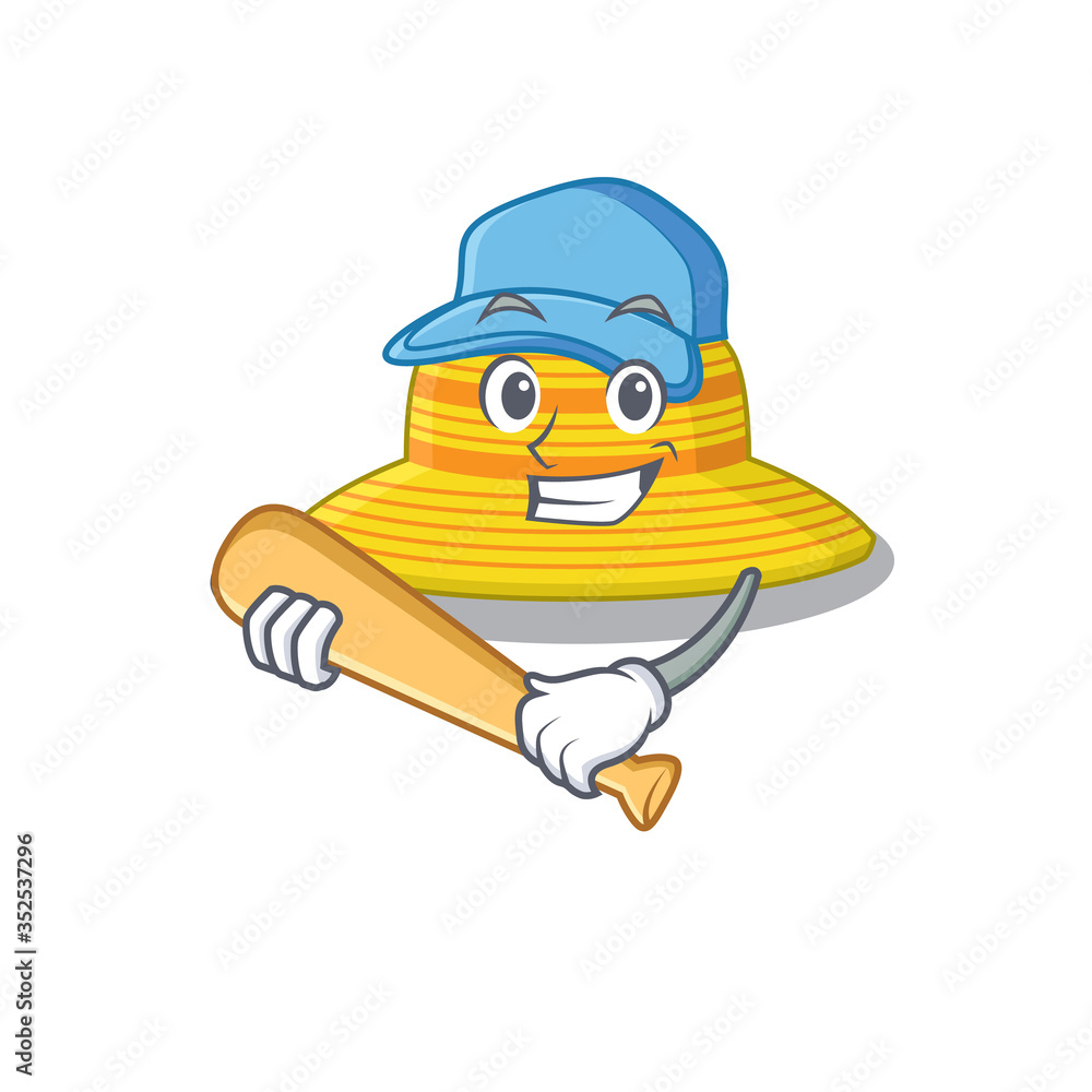 Fototapeta premium Attractive summer hat caricature character playing baseball
