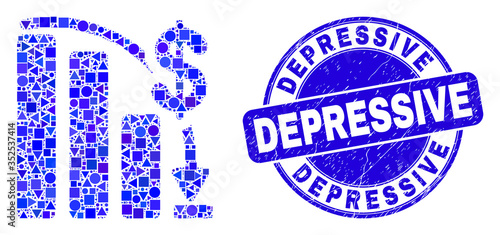 Geometric financial epic fail chart mosaic icon and Depressive seal stamp. Blue vector round grunge stamp with Depressive caption. Abstract mosaic of financial epic fail chart composed of circle,