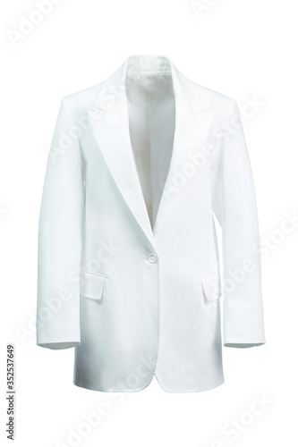 Elegant women's jacket made of thick white fabric, isolated on a white background on a transparent mannequin.