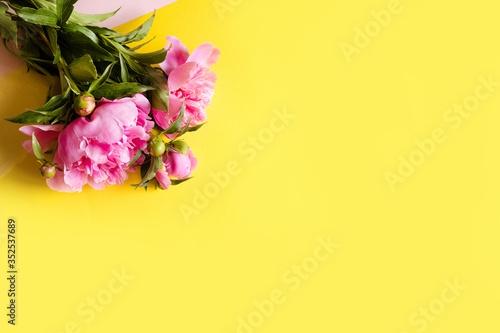 Top view of beautiful pink peonies on yellow background  copy space