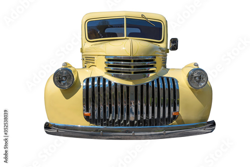 Old American pickup truck. White background. Retro, vintage.