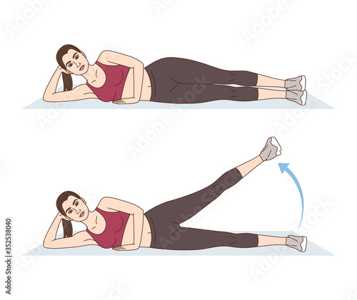 A woman is doing sports exercises. Side leg raises. Workout for the buttocks. Fitness for weight loss.