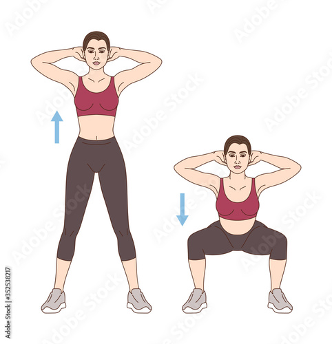 A woman does sports exercises. Bodyweight squat. Workout for legs. Fitness for weight loss.