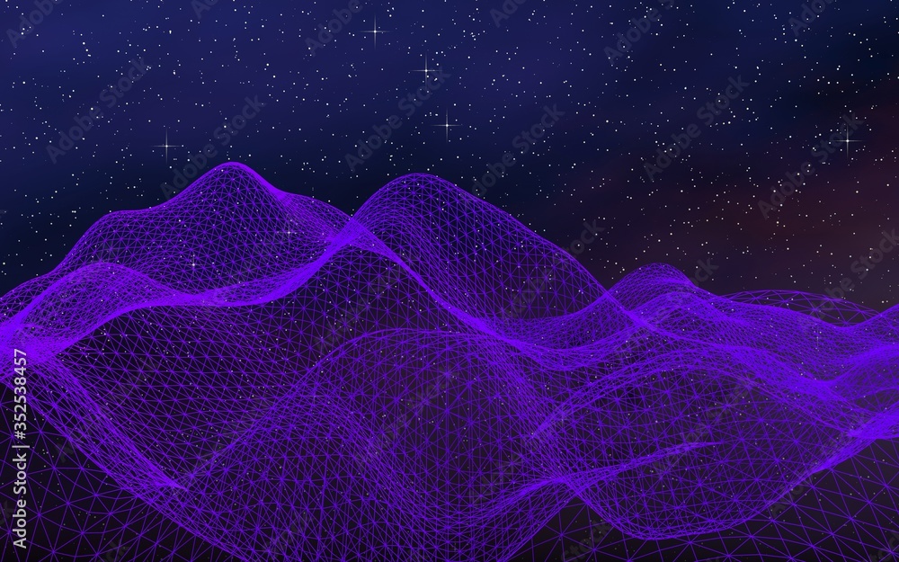 Fototapeta premium Abstract ultraviolet landscape on a dark background. Purple cyberspace grid. hi tech network. Outer space. Violet starry outer space texture. 3D illustration