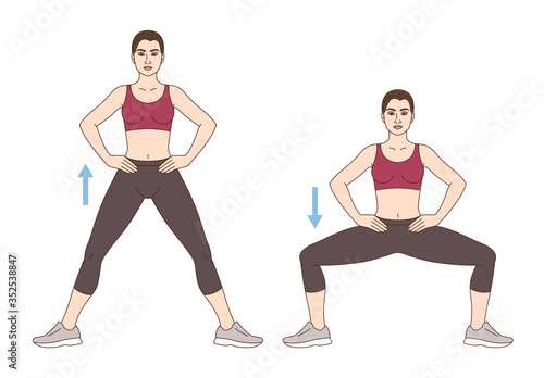 A woman is doing sports exercises. Wide squats. Workout for the buttocks and hips. Fitness for weight loss.