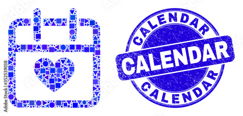 Geometric valentine calendar page mosaic pictogram and Calendar stamp. Blue vector round textured stamp with Calendar title. Abstract mosaic of valentine calendar page constructed of round, tringle,