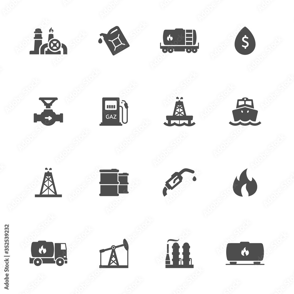 Oil industry flat icons in gray