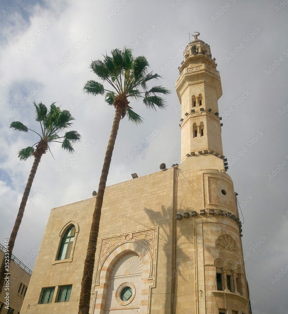 BETHLEHEM, PALESTINE: 30 JANUARY 2017: The Mosque of Omar is the oldest and only mosque in the old city of Bethlehem, located in Manger Square, near the Church of the Nativity.