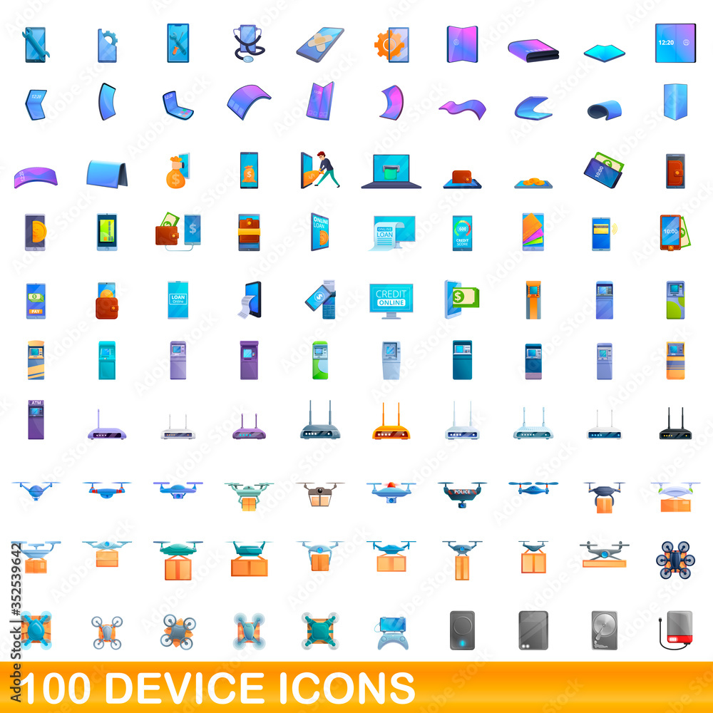 100 device icons set. Cartoon illustration of 100 device icons vector set isolated on white background 100 device icons set. Cartoon illustration of 100 device icons vector set isolated on white background