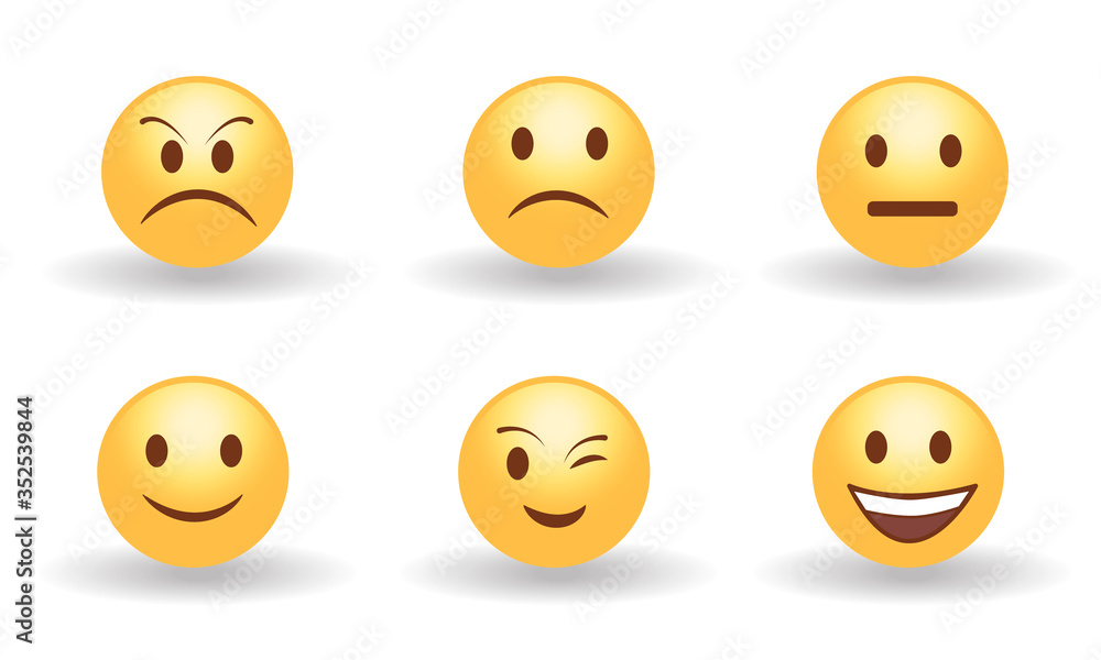 Set of six yellow cute happy smiling, sad, angry, suprised and neutral emoticons. Faces emotions. Facial expression, mood. 3d emoji. Funny cartoon character. Web icon. Vector eps10 illustration Set of six yellow cute happy smiling, sad, angry, suprised and neutral emoticons. Faces emotions. Facial expression, mood. 3d emoji. Funny cartoon character. Web icon. Vector eps10 illustration