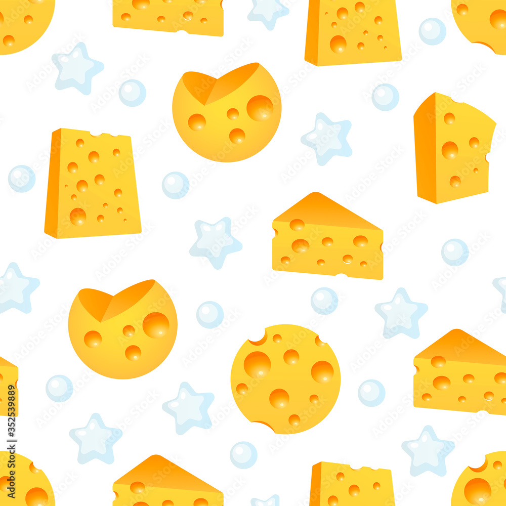 Cheese seamless pattern with piece of dairy farm products. Vector background illustration.