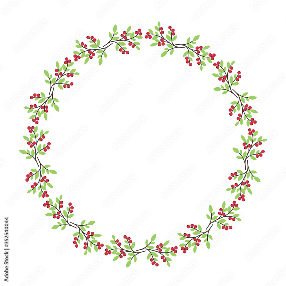 Christmas floral berry wreath round frame for holiday greeting cards, stock vector illustration