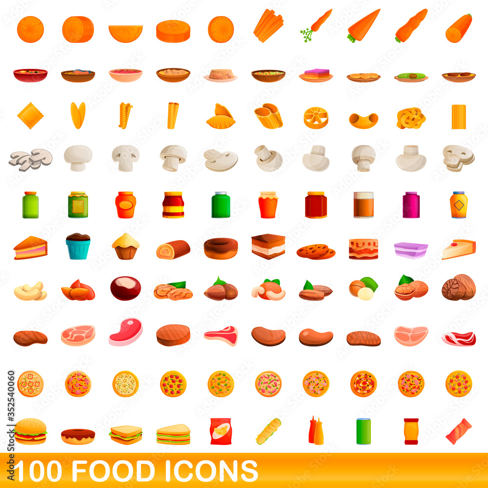 100 food icons set. Cartoon illustration of 100 food icons vector set isolated on white background