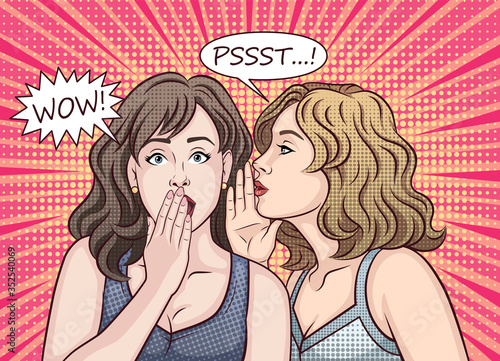 Girl friend whispers in her ear secrets, rumors, word of mouth. Pop art comic book style, retro.