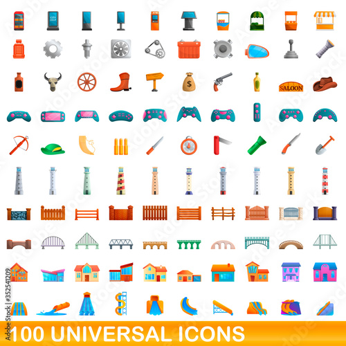 100 universal icons set. Cartoon illustration of 100 universal icons vector set isolated on white background