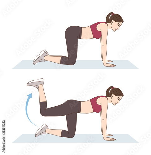 A woman is doing sports exercises. Leg extensions (donkey kick). Workout for Buttocks. Fitness for weight loss.