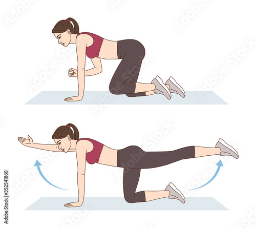 A woman is doing sports exercises. Bird dog exercise. Workout for the buttocks, lumbar and hips. Fitness for weight loss.