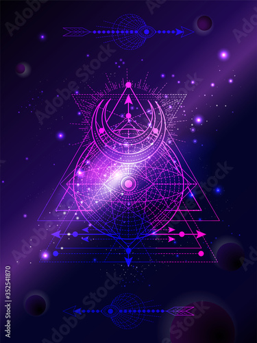 Vector illustration of Sacred geometric symbol against the space background with planets and stars. Mystic sign drawn in lines. Image in purple color.