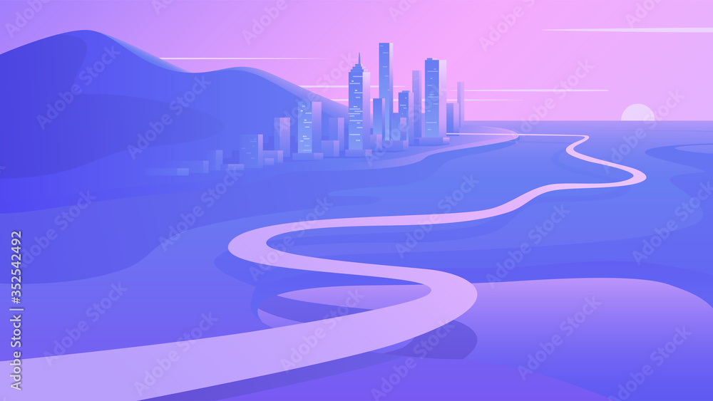 Way to the Downtown at Sunset. Contemporary Futuristic Landscape. Road Trip & Journey Route Wallpaper. Modern Artistic Cityscape Panoramic View. Flat Vector Illustration. Eps 10