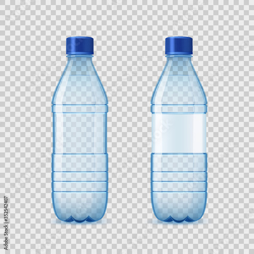 Plastic bottle of mineral water with label on transparency background, vector icon.