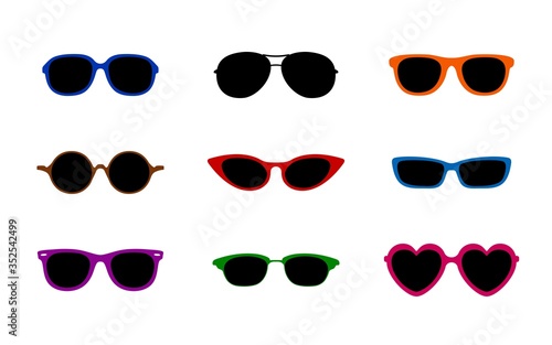 Set of real colorful style cute glasses. Party summer beach sunglasses icons isolated on white background. Vector