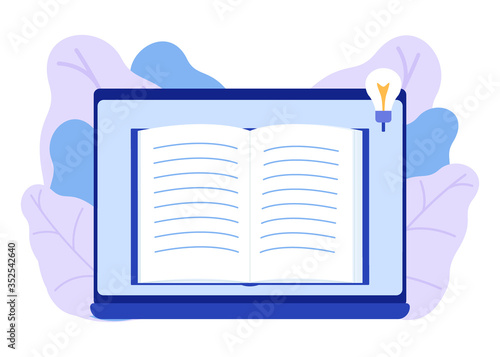 Online book, e-book, distance learning. Reading book and enjoy literature. An open book for learning, education and entertainment. Love of reading, learning. Vector