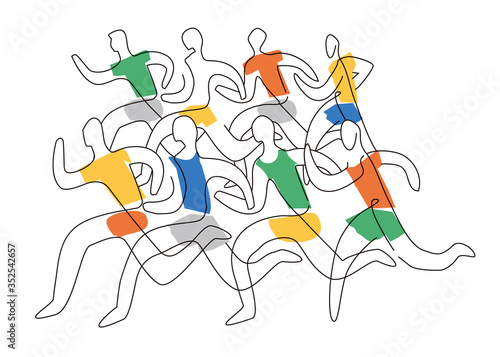 Running race marathon,line art stylized. 
Colorful lineart stylized illustration of eight running racers. Isolated on white background. Vector available.