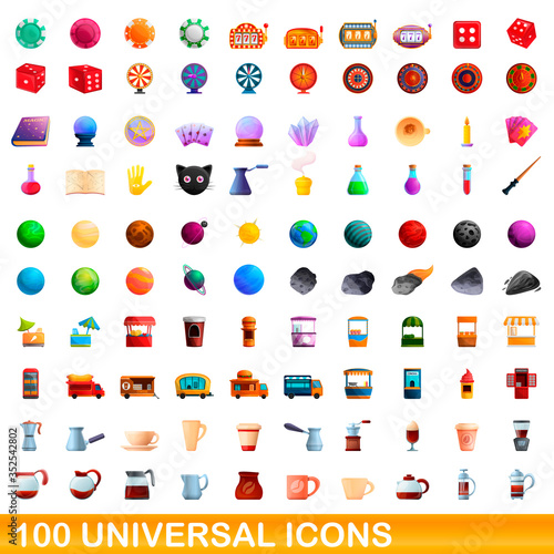 100 universal icons set. Cartoon illustration of 100 universal icons vector set isolated on white background